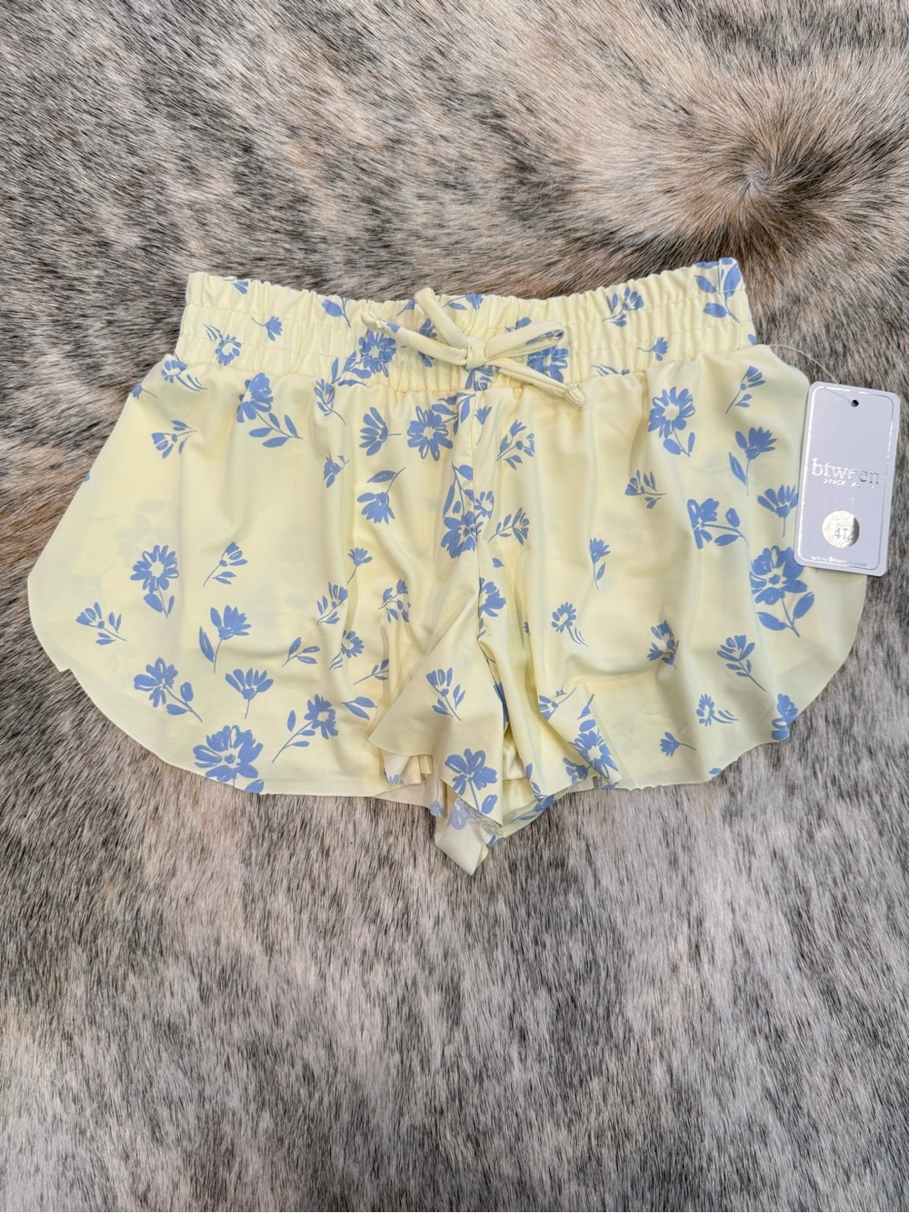 Pale Yellow Floral Drawstring Athletic Shorts